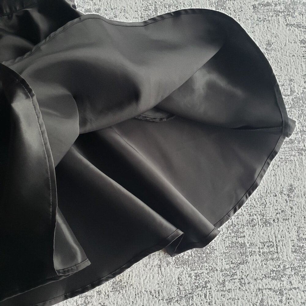 Shiny Black Satin Commense Flare Skirt Dress w Apron Front + Neck Ribbon - Picture 8 of 16